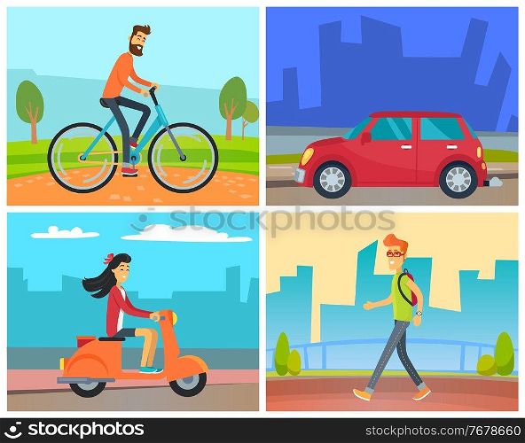 Means of transport vector, man riding bicycle in park in weekend, female character on scooter at street. Car automobile on road and male walking in city wearing rucksack. Urban cityscapes and skylines. People City, Bicyclist and Car Means of Transport
