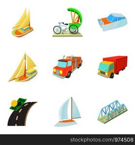 Means of transportation icons set. Cartoon set of 9 means of transportation vector icons for web isolated on white background. Means of transportation icons set, cartoon style