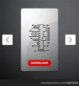 measure, caliper, calipers, physics, measurement Line Icon in Carousal Pagination Slider Design & Red Download Button. Vector EPS10 Abstract Template background