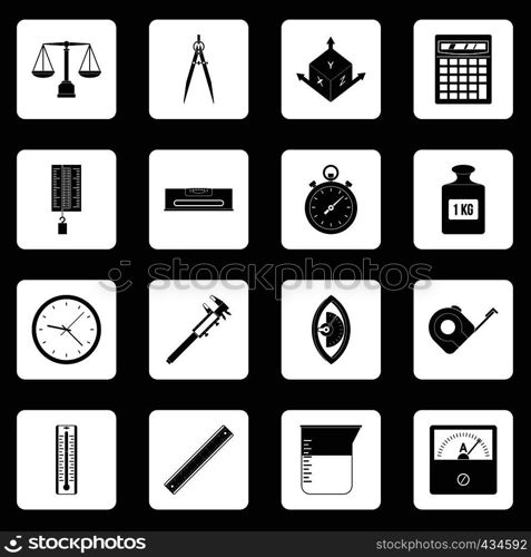 Measure precision icons set in white squares on black background simple style vector illustration. Measure precision icons set squares vector