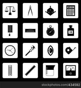 Measure precision icons set in white squares on black background simple style vector illustration. Measure precision icons set squares vector
