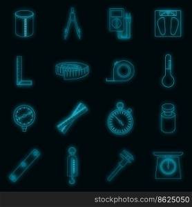 Measure tools icons set. Illustration of 16 measure tools vector icons neon color on black. Measure tools icons set vector neon