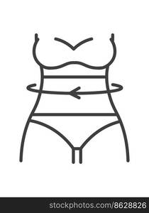 Measurement and dimensions of women waist, clothes and apparel size chart fitting and perfect choice. Shop or store with clothing. Isolated icon, line art minimalist label. Vector in flat style. Dimensions of women waist, measurement for clothes