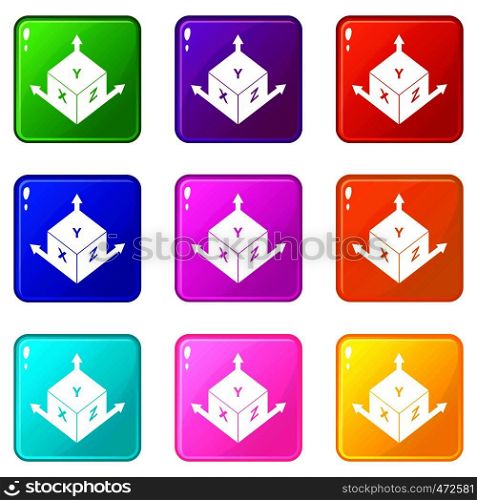 Measurement cube square icons of 9 color set isolated vector illustration. Measurement cube square icons 9 set