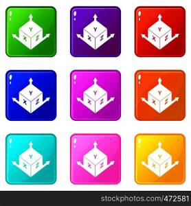 Measurement cube square icons of 9 color set isolated vector illustration. Measurement cube square icons 9 set