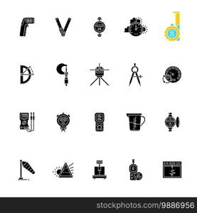 Measurement elements black glyph icons set on white space. Measuring physical quantity. Infrared thermometer. Ruler, angle finder. Dynamometer. Silhouette symbols. Vector isolated illustration. Measurement elements black glyph icons set on white space