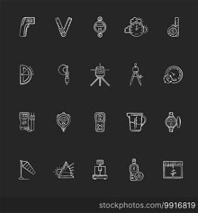 Measurement elements chalk white icons set on black background. Measuring physical quantity. Infrared thermometer. Ruler, angle finder. Dynamometer. Isolated vector chalkboard illustrations. Measurement elements chalk white icons set on black background