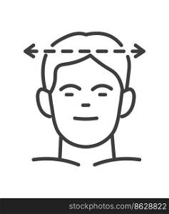 Measurement of male character head, dimensions and size chart for headwear. Width in centimeters for hats and caps clothes making. Isolated icon, line art minimalist label. Vector in flat style. Dimensions and measurements of men head vector