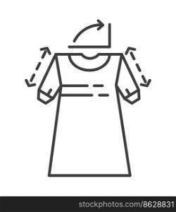 Measurement of women dress, clothes and garment dimensions for ladies. Length of sleeve, shop size charts helping to choose item. Isolated icon, line art minimalist label. Vector in flat style. Dimensions of women dress, sizes measurements