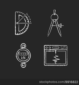 Measurement tools chalk white icons set on black background. Half circle protractor. Compass tool. Dynamometer. Seismograph. Architectural drawing. Isolated vector chalkboard illustrations. Measurement tools chalk white icons set on black background