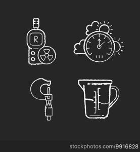 Measurement tools chalk white icons set on black background. Radiation dosimeter. Barometer. Culinary, bakery purposes. Micrometer. Geiger counter. Isolated vector chalkboard illustrations. Measurement tools chalk white icons set on black background