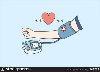 Measuring blood pressure and healthcare concept. Human hand wearing tonometer examining checking blood pressure and heartbeat vector illustration . Measuring blood pressure and healthcare concept