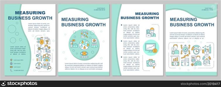 Measuring business growth blue brochure template. Company develops. Flyer, booklet, leaflet print, cover design with linear icons. Vector layouts for presentation, annual reports, advertisement pages. Measuring business growth blue brochure template