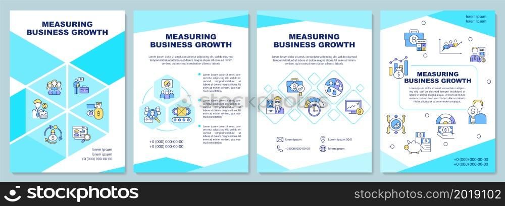 Measuring business growth brochure template. Company development. Flyer, booklet, leaflet print, cover design with linear icons. Vector layouts for presentation, annual reports, advertisement pages. Measuring business growth brochure template