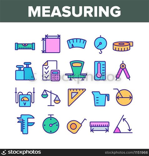Measuring Equipment Collection Icons Set Vector Thin Line. Measuring Compass And Thermometer, Ruler And Scale, Tape Measure And Size Concept Linear Pictograms. Color Contour Illustrations. Measuring Equipment Collection Icons Set Vector