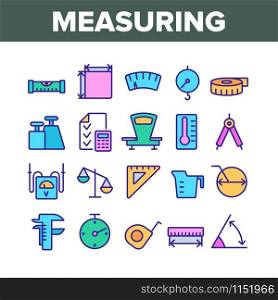 Measuring Equipment Collection Icons Set Vector Thin Line. Measuring Compass And Thermometer, Ruler And Scale, Tape Measure And Size Concept Linear Pictograms. Color Contour Illustrations. Measuring Equipment Collection Icons Set Vector