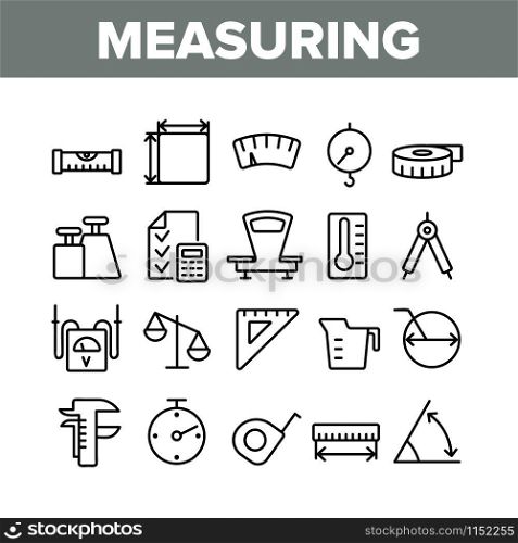 Measuring Equipment Collection Icons Set Vector Thin Line. Measuring Compass And Thermometer, Ruler And Scale, Tape Measure And Size Concept Linear Pictograms. Monochrome Contour Illustrations. Measuring Equipment Collection Icons Set Vector