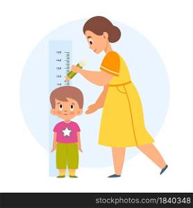 Measuring height. Mom helps her son measure growth, makes mark with pencil, wall-mounted kids meter, little boy standing straight. Human modern characters. Vector cartoon flat style isolated concept. Measuring height. Mom helps her son measure growth, makes mark with pencil, wall-mounted kids meter, little boy standing straight. Human modern characters. Vector isolated concept