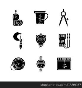 Measuring instruments black glyph icons set on white space. Radiation dosimeter. Measuring cup. Compass. Micrometer. Stopwatch. Voltmeter, ohmmeter. Silhouette symbols. Vector isolated illustration. Measuring instruments black glyph icons set on white space