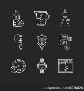 Measuring instruments chalk white icons set on black background. Radiation dosimeter. Measuring cup. Compass. Micrometer. Stopwatch. Voltmeter, ohmmeter. Isolated vector chalkboard illustrations. Measuring instruments chalk white icons set on black background