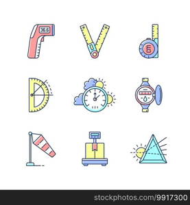 Measuring instruments RGB color icons set. Infrared thermometer. Ruler. Retractable flexible rule. Half circle protractor. Windsock. Industrial scales. Prisma. Isolated vector illustrations. Measuring instruments RGB color icons set