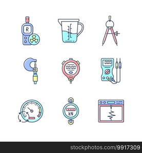 Measuring instruments RGB color icons set. Radiation dosimeter. Measuring cup. Compass tool. Micrometer. Stopwatch. Voltmeter, ohmmeter. Pressure gauge. Dynamometer. Isolated vector illustrations. Measuring instruments RGB color icons set