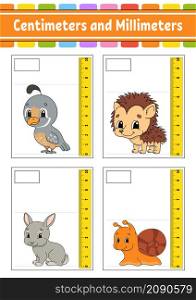 Measuring length in centimeter and millimeter. Education developing worksheet. Game for kids. Color activity page. Puzzle for children. Cute character. Vector illustration. cartoon style.