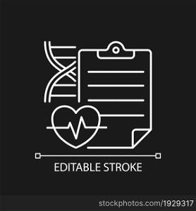 Measuring outcomes white linear icon for dark theme. Clinical trials results. Research efficacy. Thin line customizable illustration. Isolated vector contour symbol for night mode. Editable stroke. Measuring outcomes white linear icon for dark theme