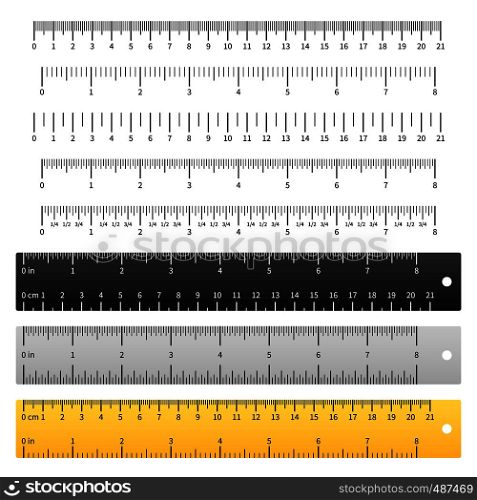 Measuring rulers. School ruler, metric scale measure inches measurement centimeter, precision tools length markup. Vector yardstick set. Measuring rulers. School ruler, metric scale measure inches measurement centimeter, precision tools length markup. Vector set