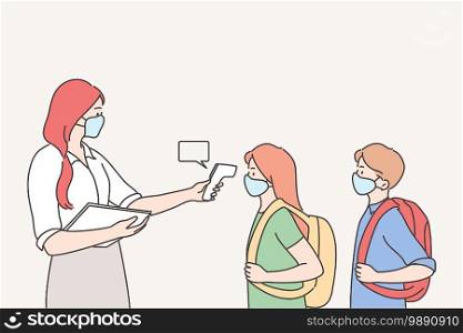 Measuring temperature in school during pandemic concept. Teacher woman using electronic thermometer for measuring body temperature of pupils coming to school illustration . Measuring temperature in school during pandemic concept