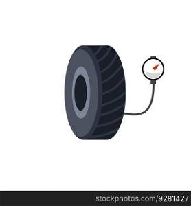 Measuring the pressure in a car tire. Wheel repairs. Flat cartoon illustration. Technical pressure gauge. Service and support. Measuring the pressure in a car tire