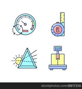 Measuring tools RGB color icons set. Pressure gauge. Retractable flexible rule. Prisma. Water, air and blood pressure. Tape measure. Wedge-shaped optical component. Isolated vector illustrations. Measuring tools RGB color icons set