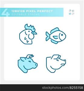 Meat and fish products pixel perfect blue RGB color icons set. Protein source. Food group. Farm animals. Isolated vector illustrations. Simple filled line drawings collection. Editable stroke. Meat and fish products pixel perfect blue RGB color icons set