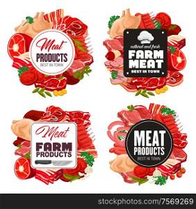 Meat and sausage, butcher shop. Vector frame of sausages, pork and beef, salami and ham, chicken or turkey poultry, seasonings. Steaks and bacon, gammon, mutton, lettuce leaves and tomatoes. Butcher shop meat and sausage, beef, pork frame