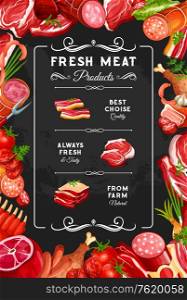 Meat and sausages, farm butcher shop poster. Vector gourmet delicatessen, beef steak or pork ham and chicken or turkey leg with brisket, salami and cervelat smoked wursts, mutton ribs. Meat beef and pork sausages, butcher shop