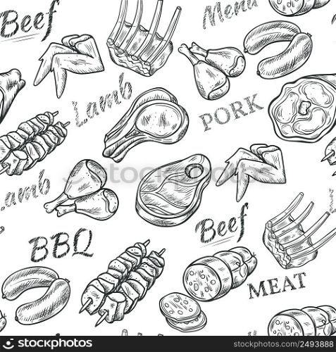 Meat black white sketch seamless pattern with beef and pork vector illustration . Meat Sketch Seamless Pattern