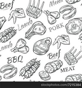 Meat black white sketch seamless pattern with beef and pork vector illustration . Meat Sketch Seamless Pattern