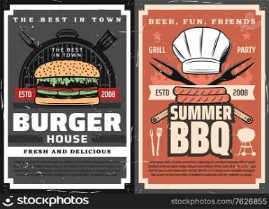 Meat burgers and BBQ posters, grill food party, vector barbecue steaks and sausages. Summer BBQ charcoal meat steaks, sausages and burgers, toque hat, knife, fork and spatula and knives on fire flame. Meat burgers and BBQ posters, grill food party