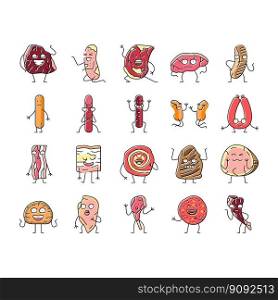 meat character beef food funny icons set vector. steak face, happy, cute design, sausage restaurant, slice smile, pork grill, mascot meat character beef food funny color line illustrations. meat character beef food funny icons set vector