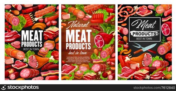Meat, chicken legs, smoked sausages. Butcher shop products in vector. Pork ham and veal medallions, sausages, beef steak and lamb, kotelet and salami. Cervelat wurst, mutton ribs and knife, farm meat. Meat, chicken legs, smoked sausages. Butcher shop