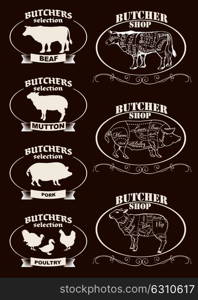 Meat. Creative conceptual vector. Sketch hand drawn set meat at butchers shop recipe illustration, chalk, ink, line art, vector.