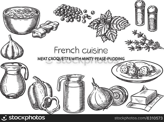 Meat Croquette with Minty Pease-Pudding. Creative conceptual vector. Sketch hand drawn french food recipe illustration, engraving, ink, line art, vector.