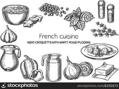 Meat Croquette with Minty Pease-Pudding. Creative conceptual vector. Sketch hand drawn french food recipe illustration, engraving, ink, line art, vector.