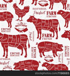 Meat cuts. Diagrams for butcher shop. Vector illustration. Meat cuts. Diagrams for butcher shop. Animal silhouette. Vector illustration. Seamless pattern.