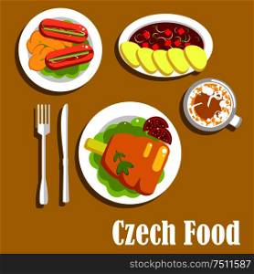 Meat dishes and drink of czech cuisine. Tomato soup with beef and dumplings, roast pork knee on lettuce, pickled sausages, stuffed with pickles, served with fried potatoes and cappuccino cup. Meat dishes and drink of czech cuisine