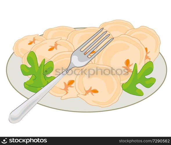 Meat dumplings on plate decorated by verdure and fork. National dish meat dumplings on plate.Vector illustration