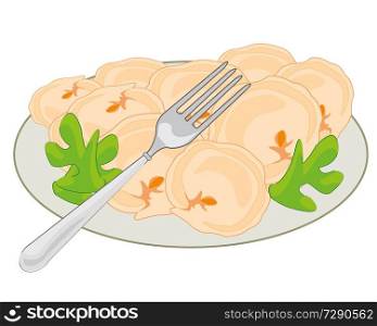 Meat dumplings on plate decorated by verdure and fork. National dish meat dumplings on plate.Vector illustration
