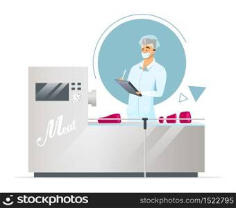 Meat factory flat color vector illustration. Production line supervisor. Meat processing. Quality control. Food industry. Male plant worker. Isolated cartoon character on white background