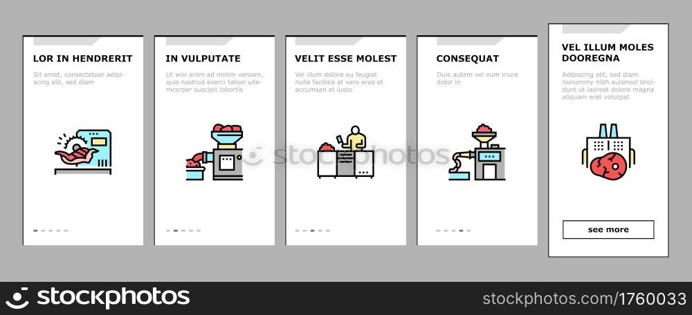 Meat Factory Product Onboarding Mobile App Page Screen Vector. Beef And Pork, Chicken And Rabbit Meat, Smoked And Dried Sausage And Ham Manufacturing Illustrations. Meat Factory Product Onboarding Icons Set Vector