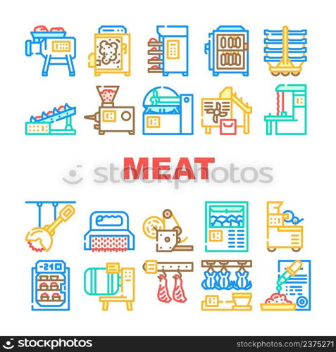 Meat Factory Production Equipment Icons Set Vector. Smoking And Baking Chamber For Preparing Meat, Grinder And Carcass Conveyor Plant Tool, Circula And Band Saws Color Illustrations. Meat Factory Production Equipment Icons Set Vector